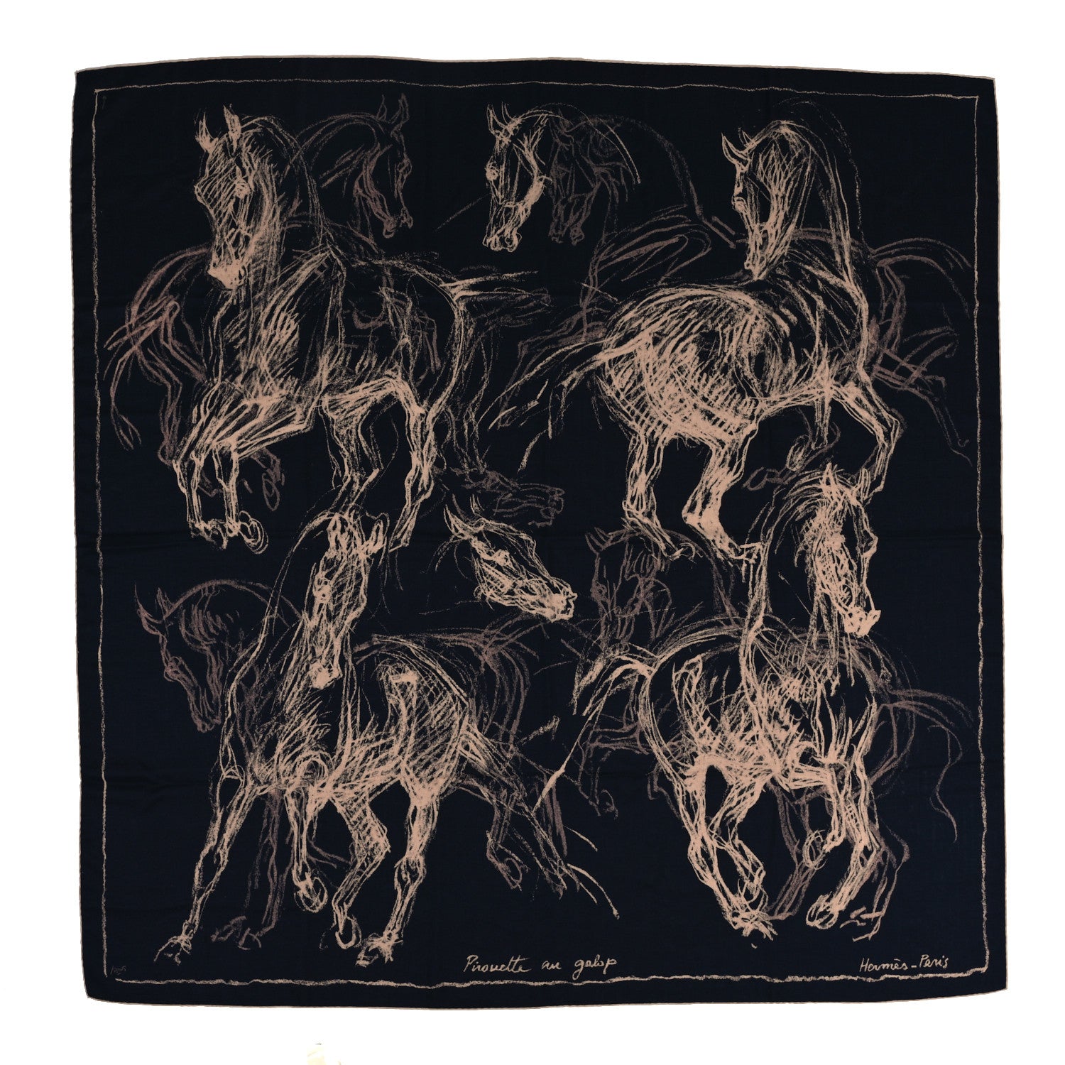 Hermes Cashmere Silk Pirouette au Galop Shawl 140 Marine Naturel Beige 1 of 5