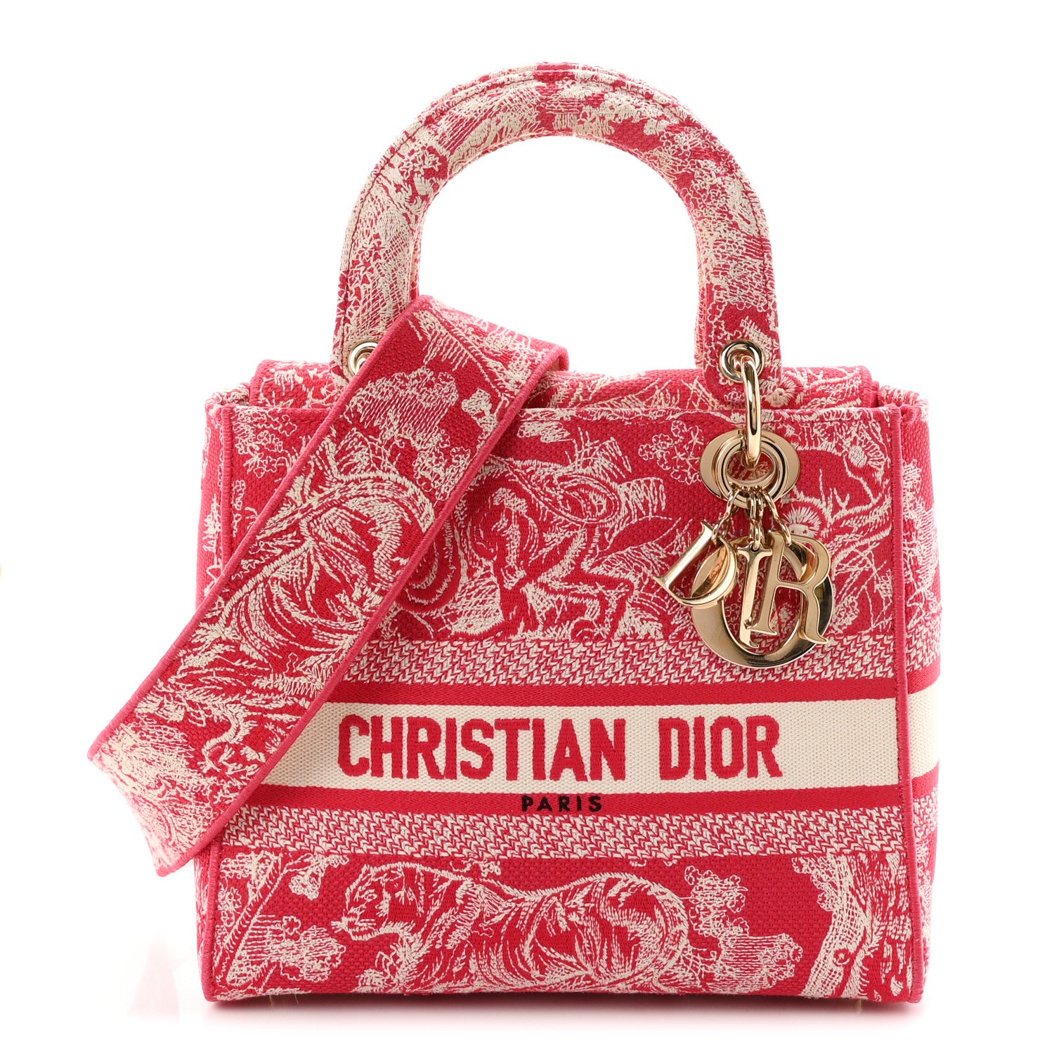 Christian Dior Canvas Toile De Jouy Reverse Embroidered Medium Lady D-Lite Red 1 of 11