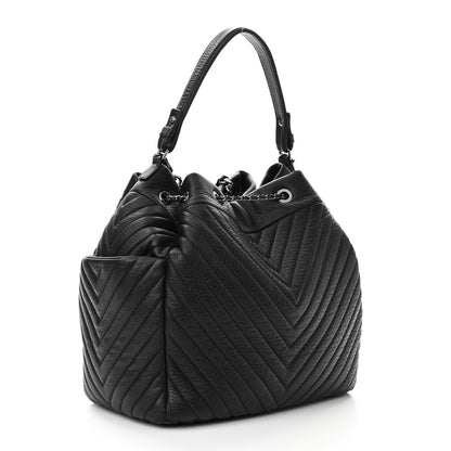 Chanel Deerskin Chevron Large CC Chain Bucket Drawstring Bag Black 3 of 13