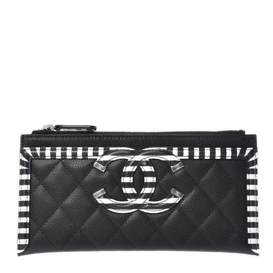 Caviar Quilted Stripe Filigree Zip Pouch Black White