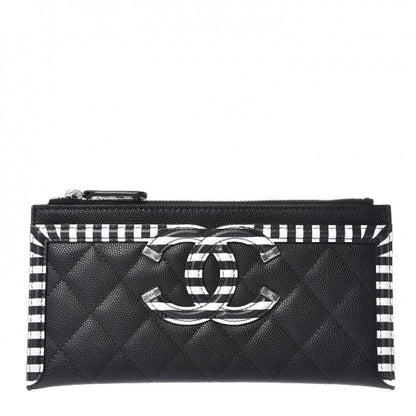 Chanel Caviar Quilted Stripe Filigree Zip Pouch Black White 1 of 9