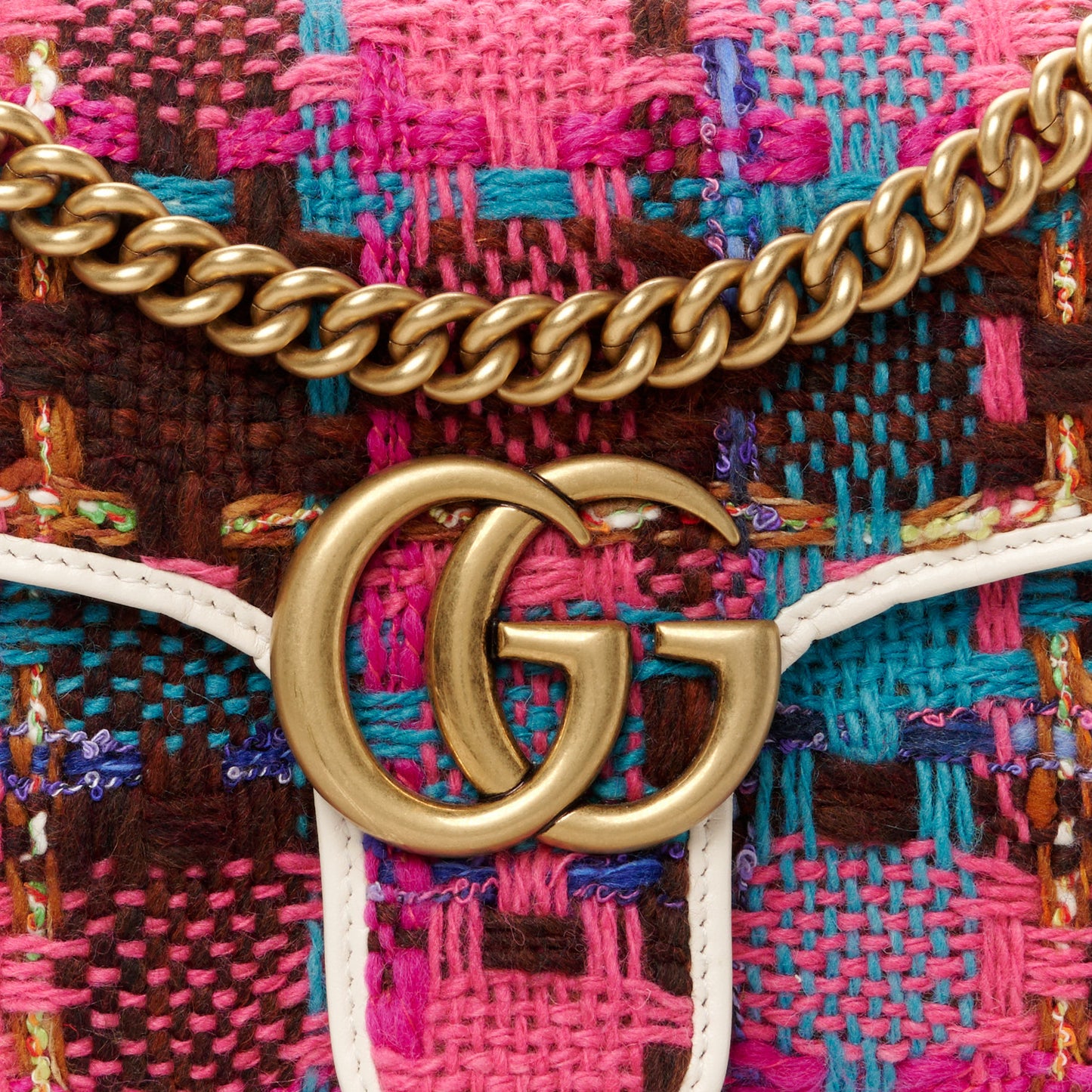 Tweed Calfskin Spicy Check Small GG Marmont Shoulder Bag Pink Multicolor Mystic White
