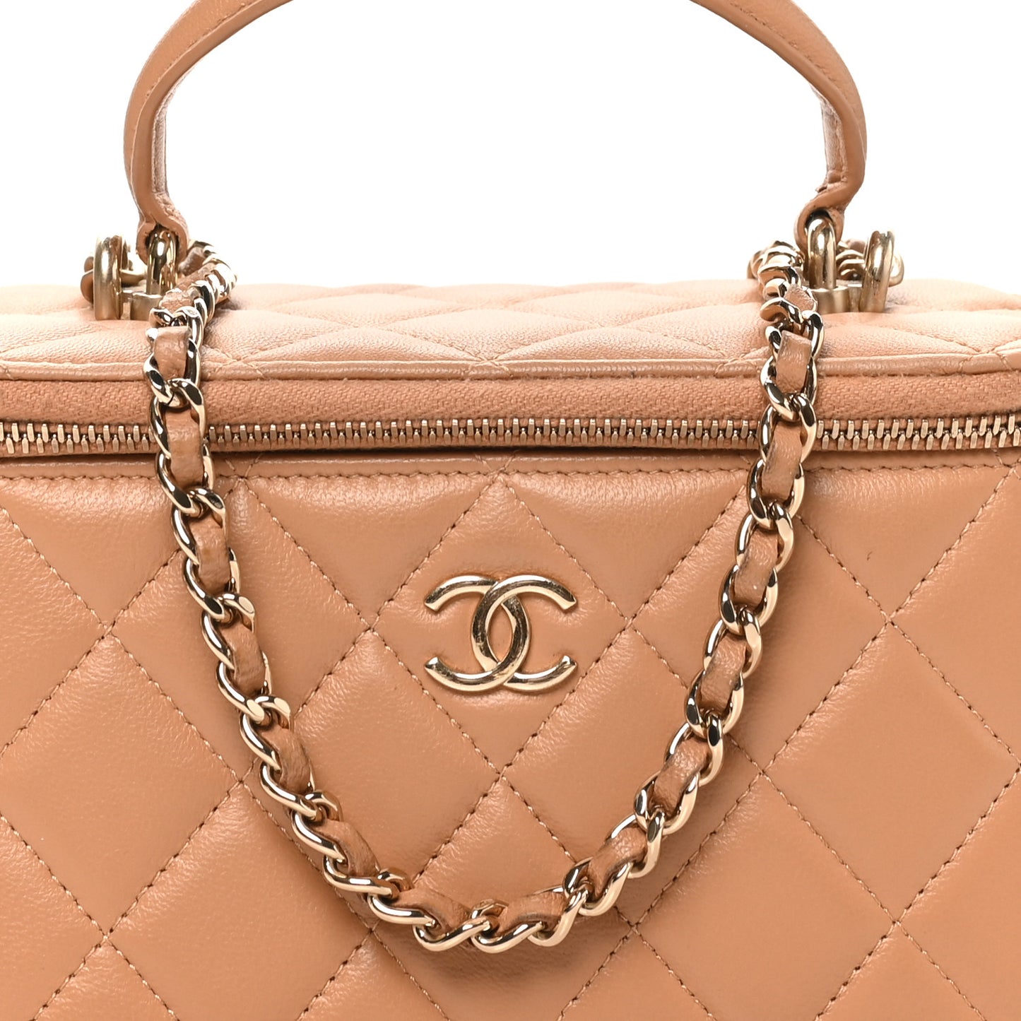 Lambskin Quilted Small Top Handle Vanity Case With Chain Beige