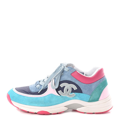 Chanel Nylon Lambskin Suede Calfskin CC Sneakers 37 Navy Turquoise 1 of 7