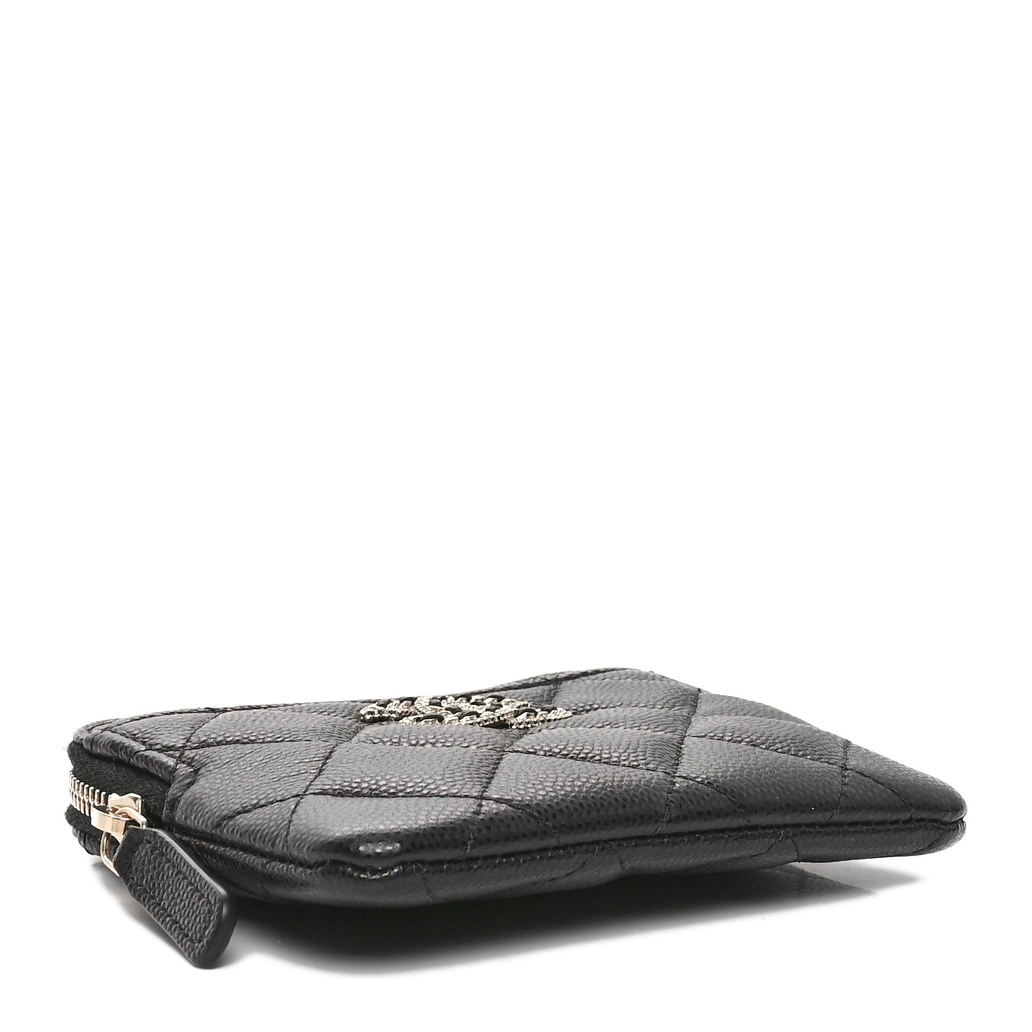 Caviar Quilted Crystal Zip Card Holder Wallet Black