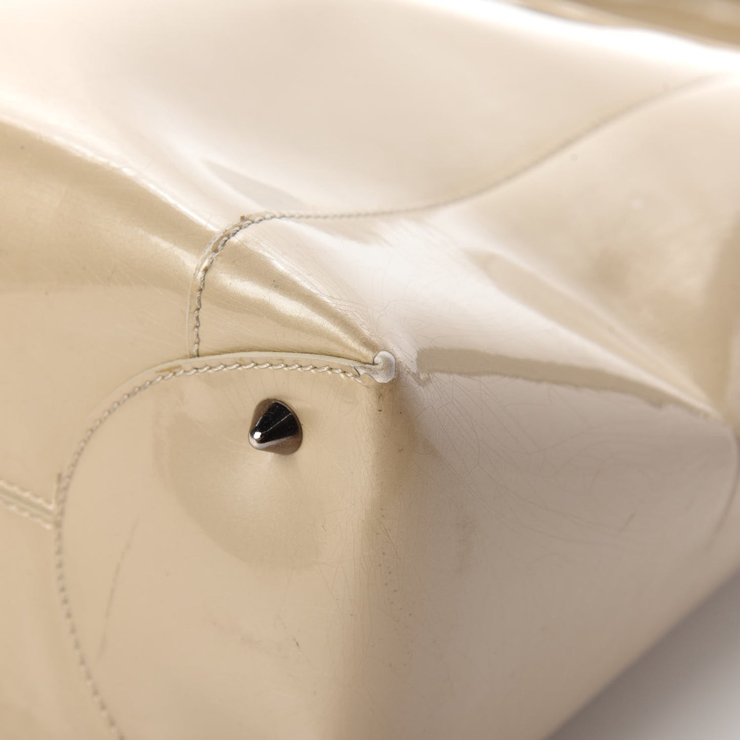 Patent Chrome Beaded Malice Tote Beige