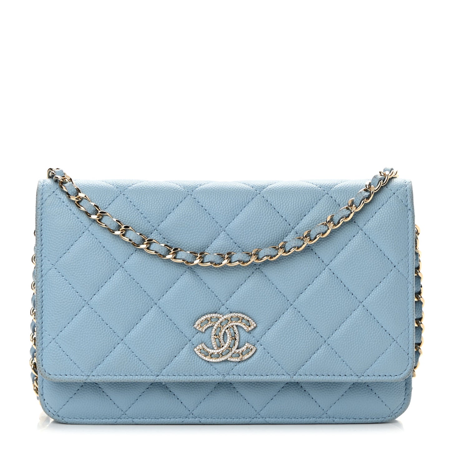 Caviar Quilted Crystal CC Wallet On Chain WOC Light Blue