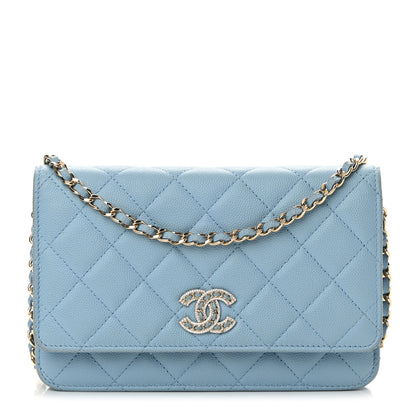 Chanel Caviar Quilted Crystal CC Wallet On Chain WOC Light Blue 1 of 17