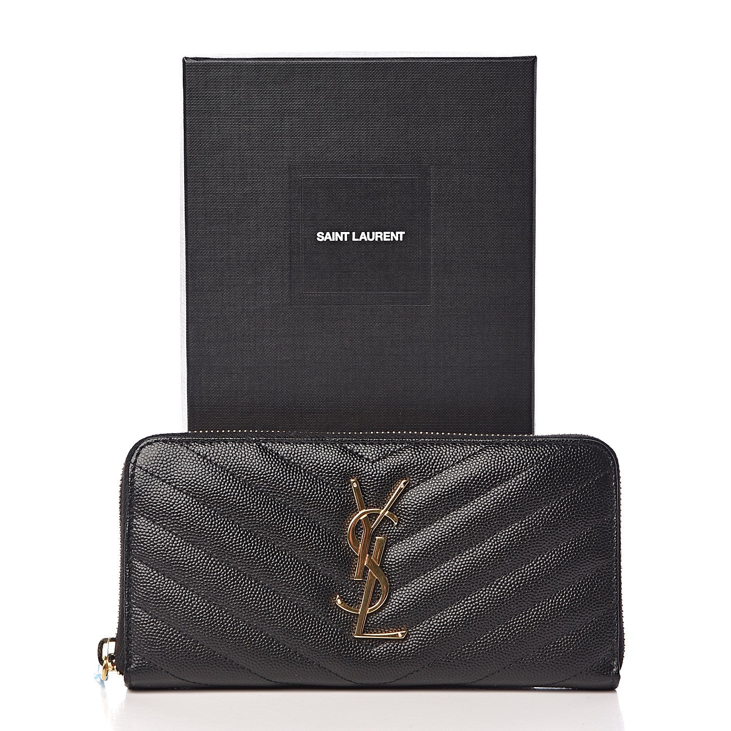 Saint Laurent Grain De Poudre Matelasse Chevron Monogram Zip Around Wallet Black 7 of 7
