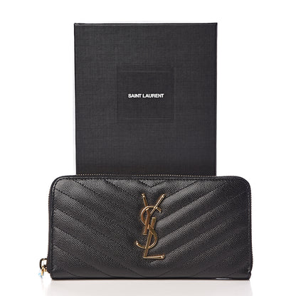Saint Laurent Grain De Poudre Matelasse Chevron Monogram Zip Around Wallet Black 7 of 7