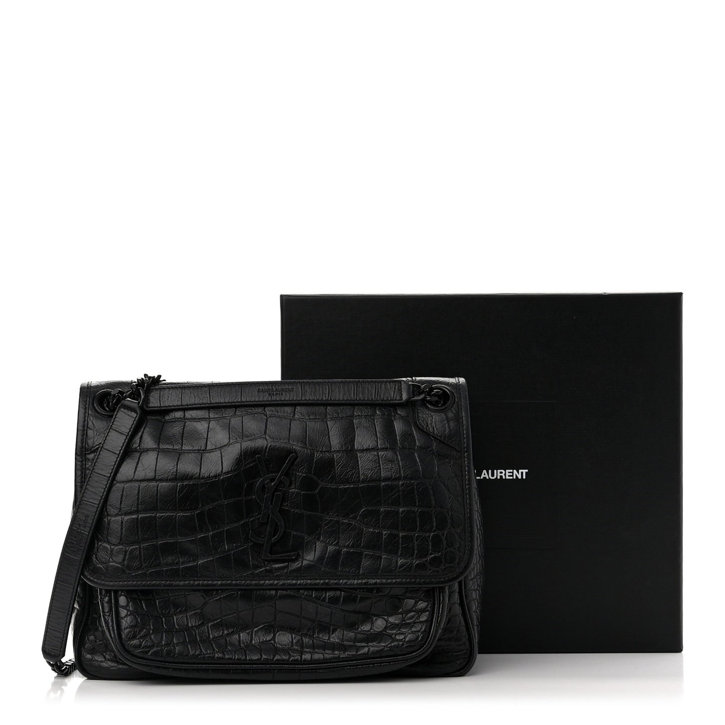 Crinkled Calfskin Crocodile Embossed Monogram Medium Niki Chain Satchel Black