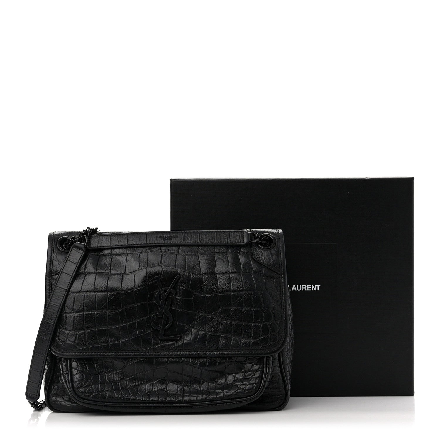 Saint Laurent Crinkled Calfskin Crocodile Embossed Monogram Medium Niki Chain Satchel Black 11 of 11