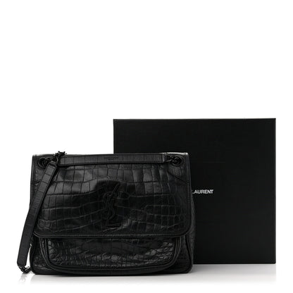 Saint Laurent Crinkled Calfskin Crocodile Embossed Monogram Medium Niki Chain Satchel Black 11 of 11