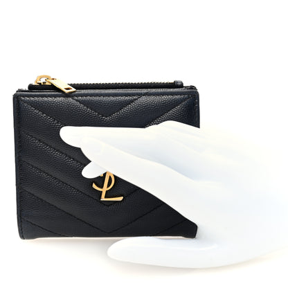 Saint Laurent Grain De Poudre Matelasse Chevron Monogram Zipped Card Case Black 2 of 6