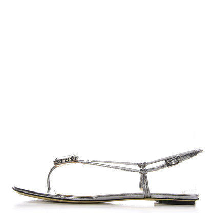 Valentino Garavani Metallic Vitello Crystal Slingback Flat Thong Sandals 38.5 Silver 1 of 9