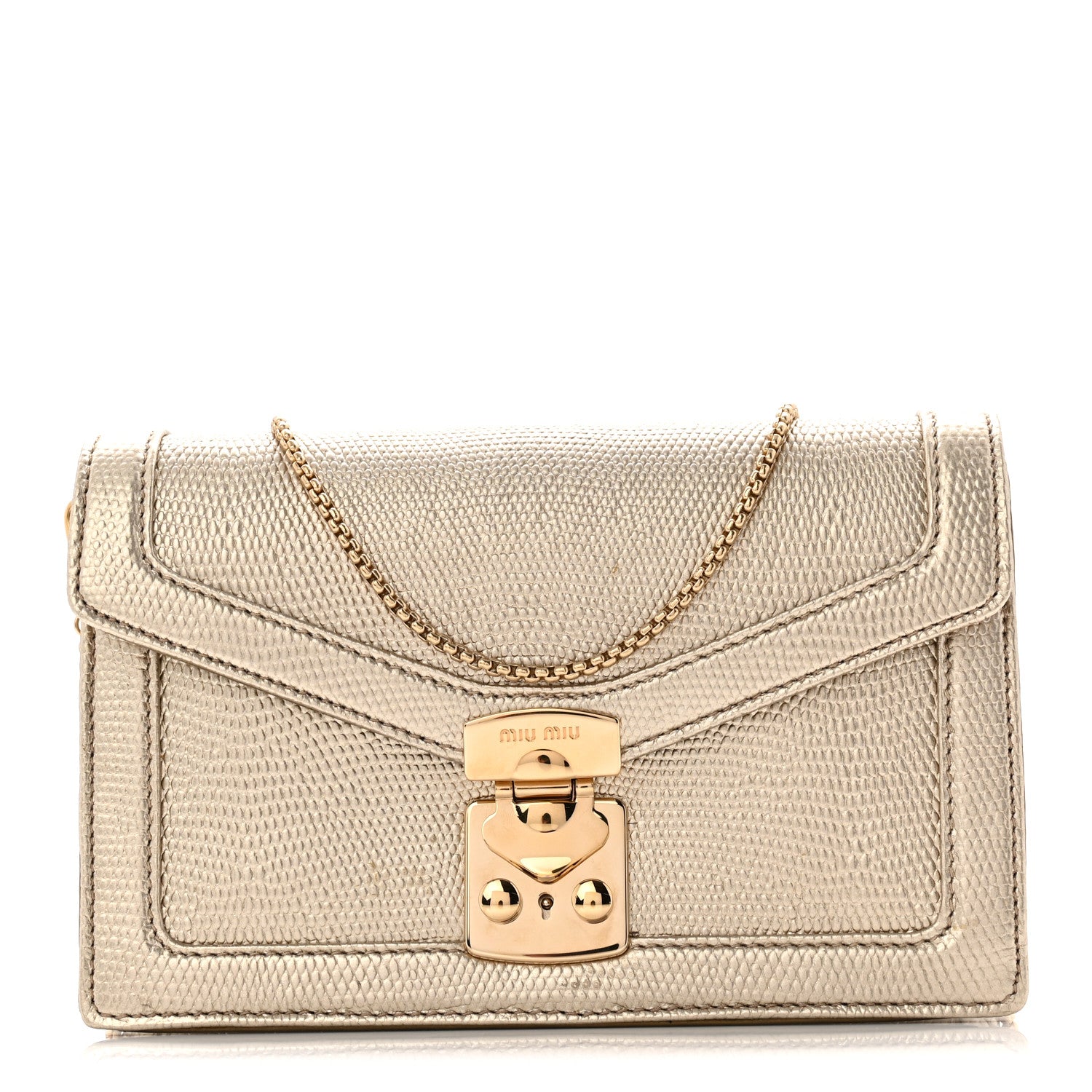 Miu Miu Metallic Vitello Lizard Embossed Confidential Chain Shoulder Bag Pirite 1 of 10