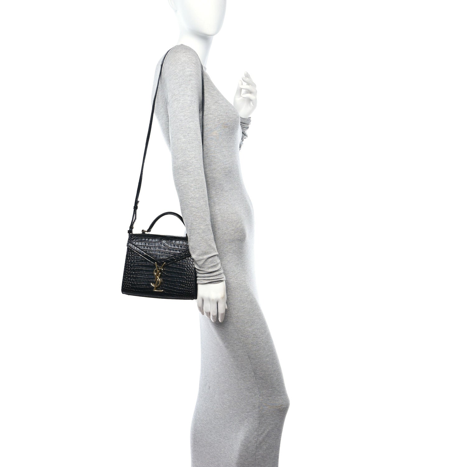 Saint Laurent Calfskin Crocodile Embossed Mini Classic Monogram Cassandra Top Handle Black 2 of 9