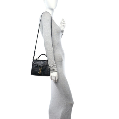 Saint Laurent Calfskin Crocodile Embossed Mini Classic Monogram Cassandra Top Handle Black 2 of 9