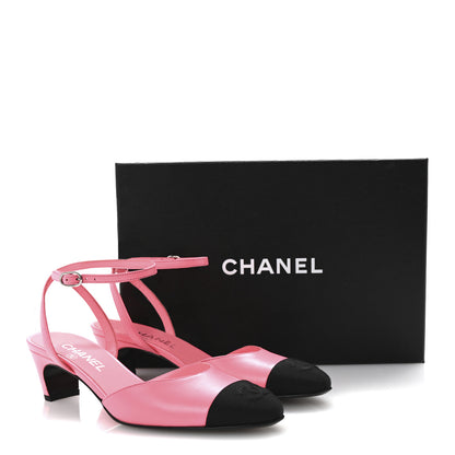 Chanel Lambskin Grosgrain Cap Toe CC Slingback Pumps 37.5 Pink Black 10 of 10