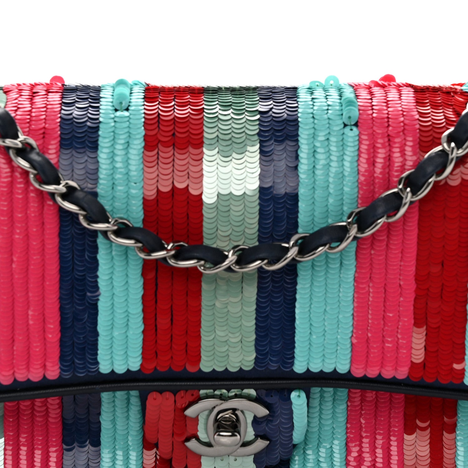 Chanel Sequin Lambskin Striped Medium Double Flap Blue Green Pink Red 8 of 12