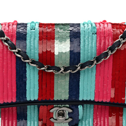 Chanel Sequin Lambskin Striped Medium Double Flap Blue Green Pink Red 8 of 12