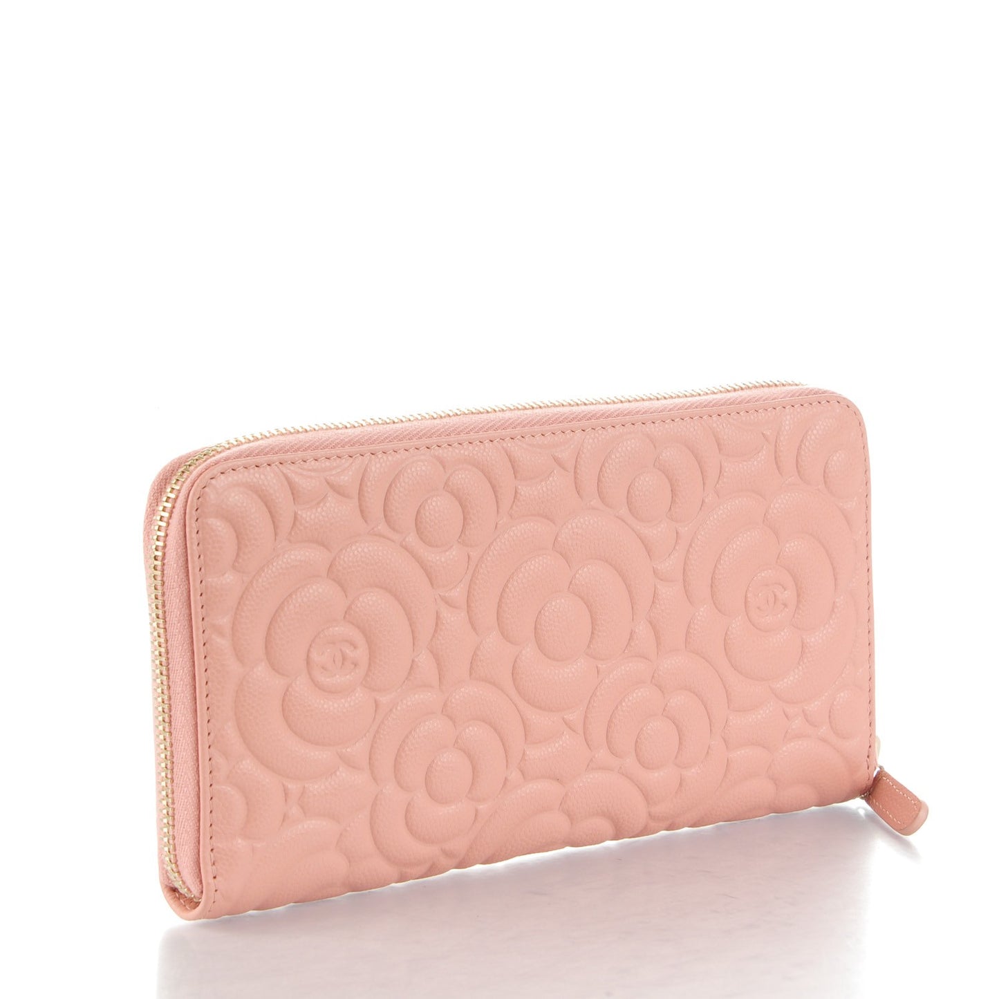 Caviar Camellia Embossed Zip Around Large Gusset Wallet Nude