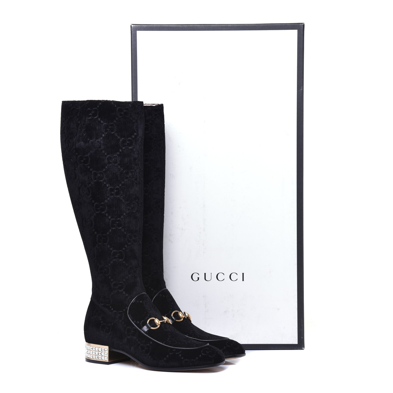 Gucci Velvet GG Monogram Crystal Horsebit Knee High Boots 39.5 Black 9 of 9