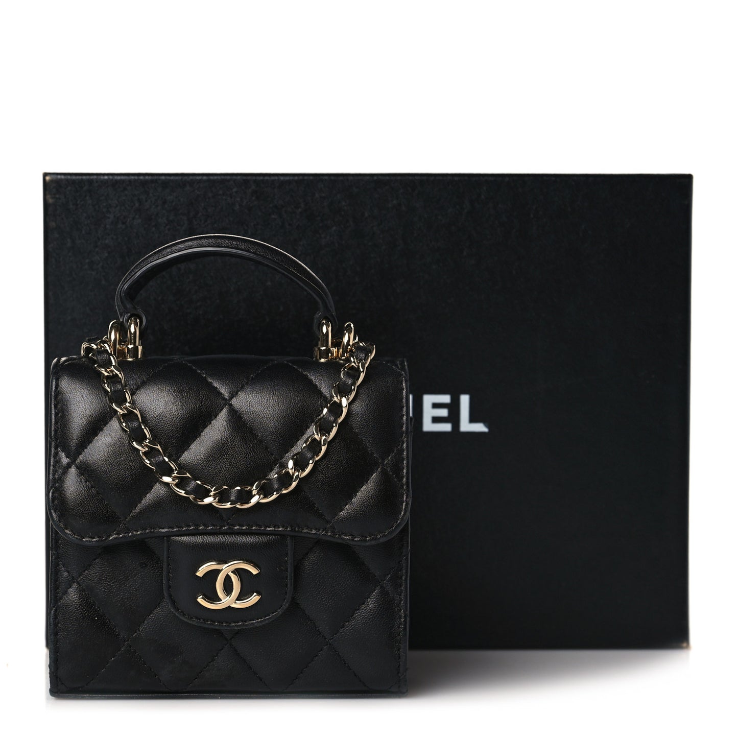 Lambskin Quilted Top Handle Flap Clutch With Chain Black