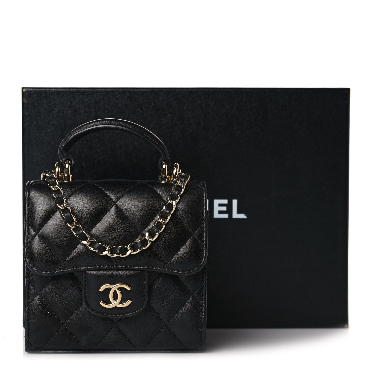 Chanel Lambskin Quilted Top Handle Flap Clutch With Chain Black 9 of 9
