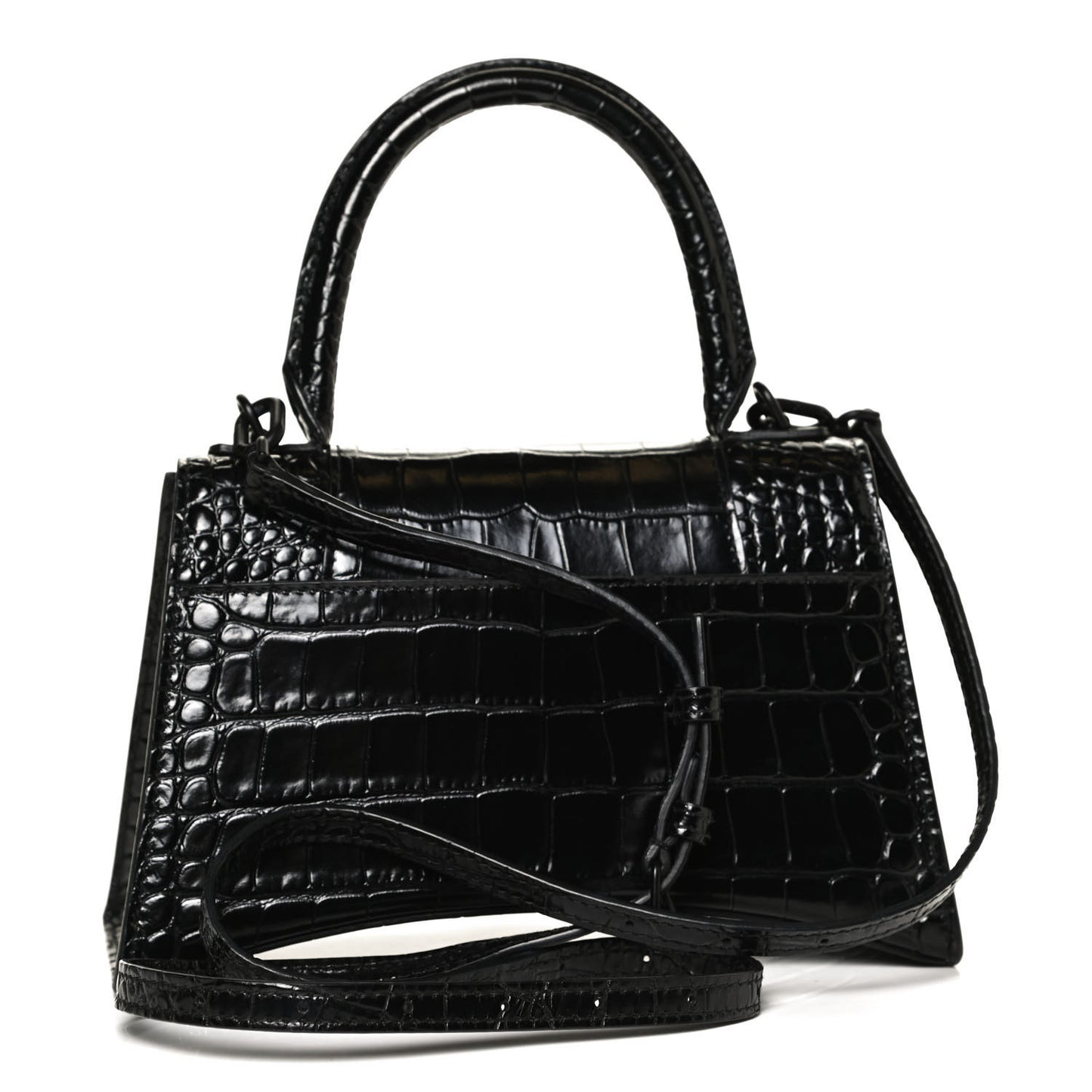 Shiny Calfskin Monochrome Crocodile Embossed Small Hourglass Top Handle Bag Black