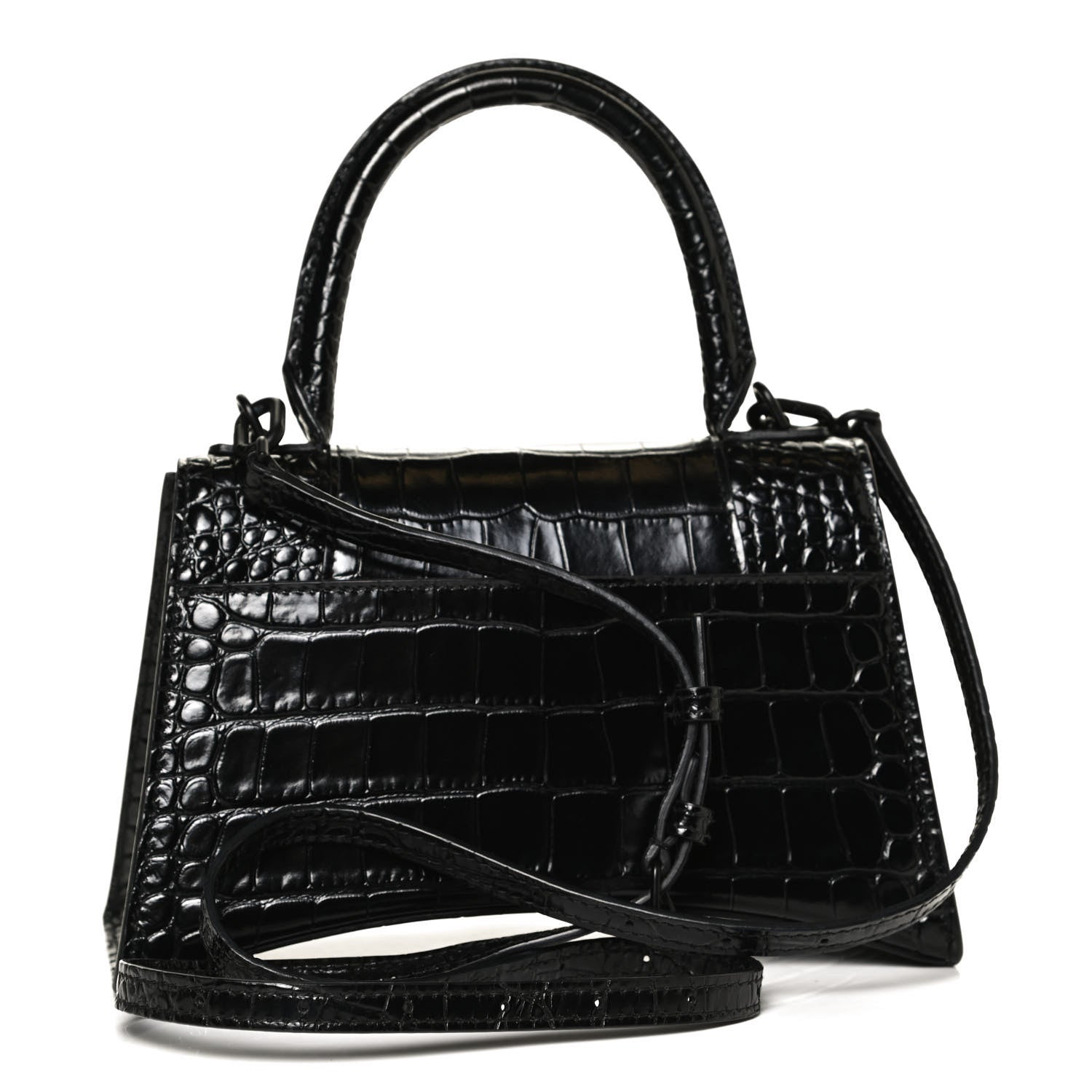 Balenciaga Shiny Calfskin Monochrome Crocodile Embossed Small Hourglass Top Handle Bag Black 3 of 11