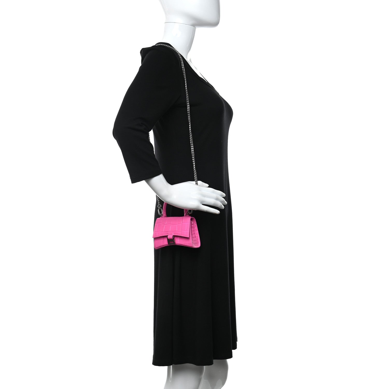 Balenciaga Shiny Calfskin Crocodile Embossed Hourglass Top Handle Bag Mini with Chain Neon Pink 2 of 10