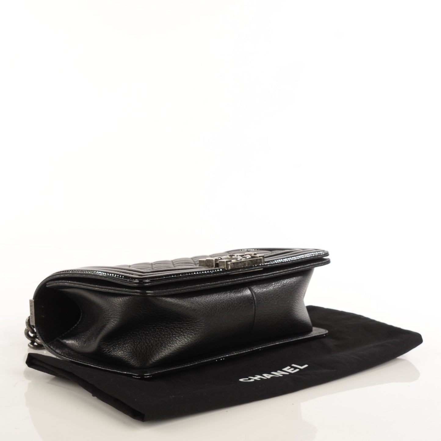Goatskin Quilted Patent Medium Duo Boy Flap Black