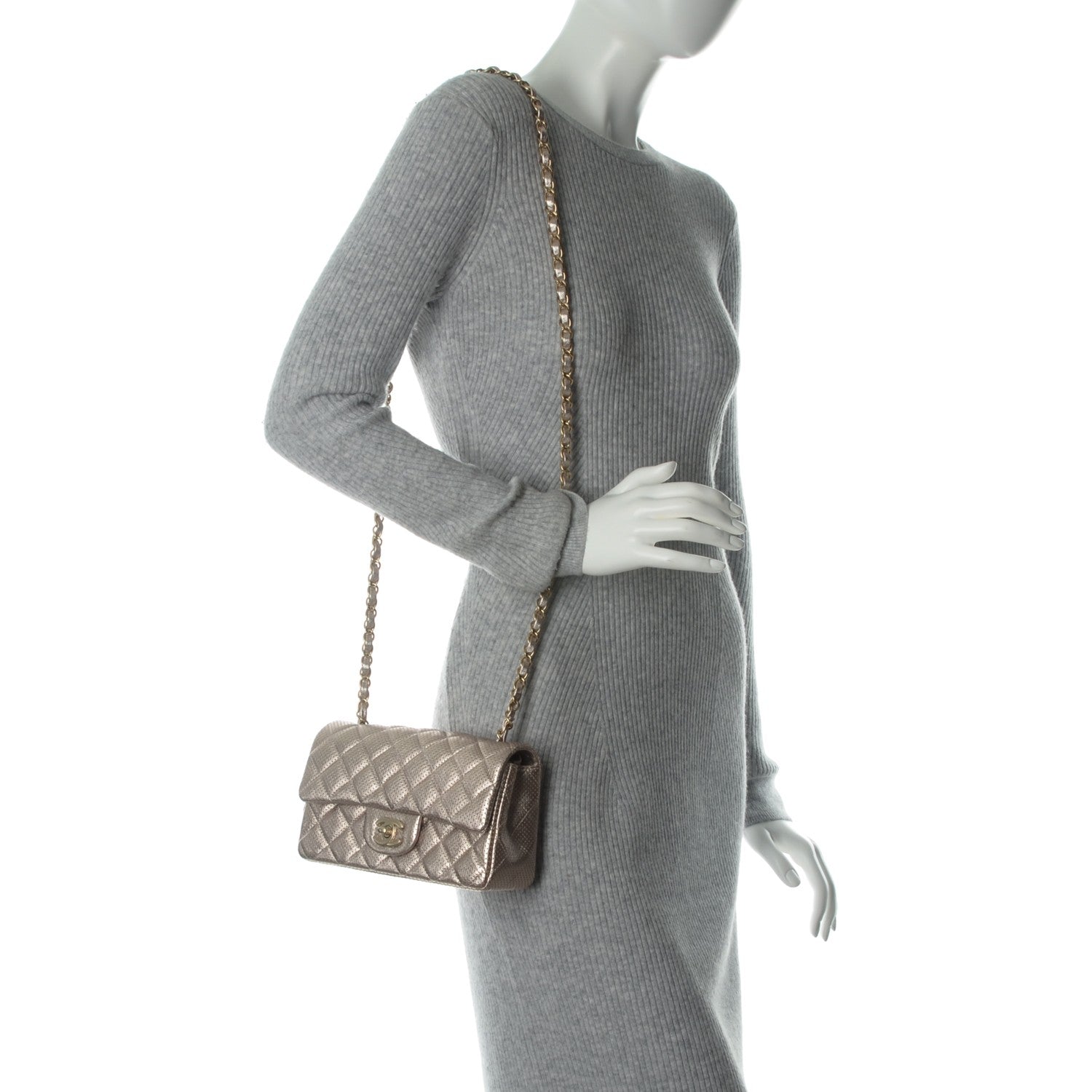Chanel Metallic Lambskin Perforated Mini Rectangular Flap Light Gold 2 of 7