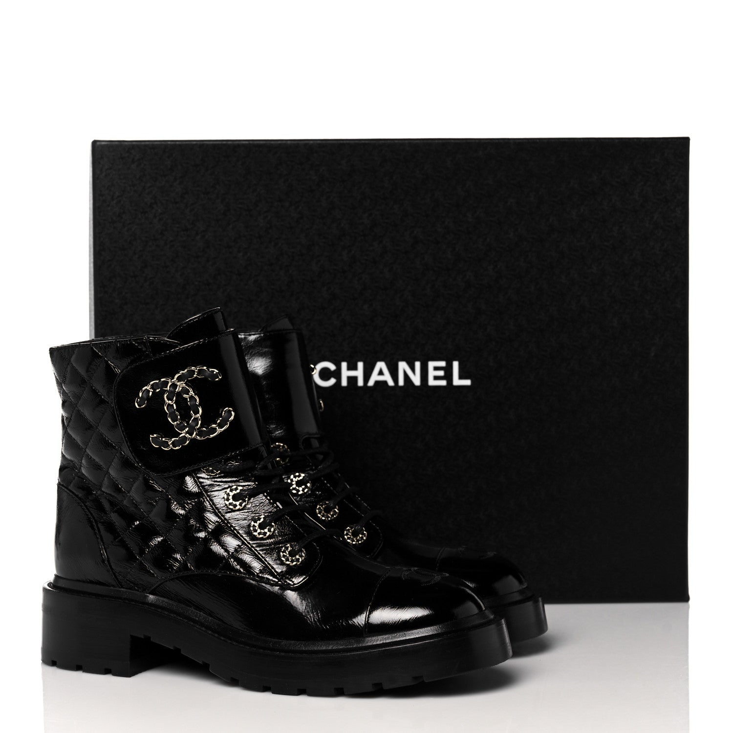 Chanel Shiny Calfskin Quilted Lace Up Combat Boots 38 Black 9 of 9