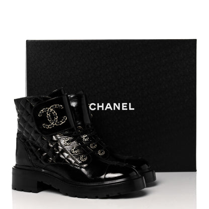 Chanel Shiny Calfskin Quilted Lace Up Combat Boots 38 Black 9 of 9