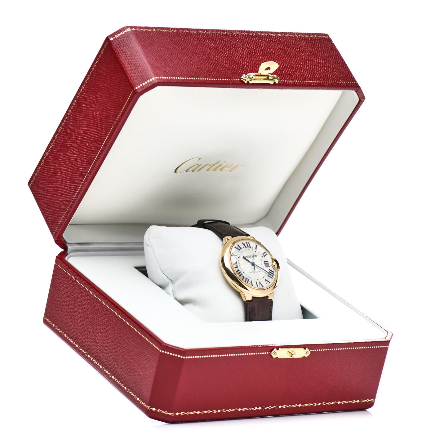 18K Yellow Gold Alligator 36mm Ballon Bleu De Cartier Automatic Watch Brown