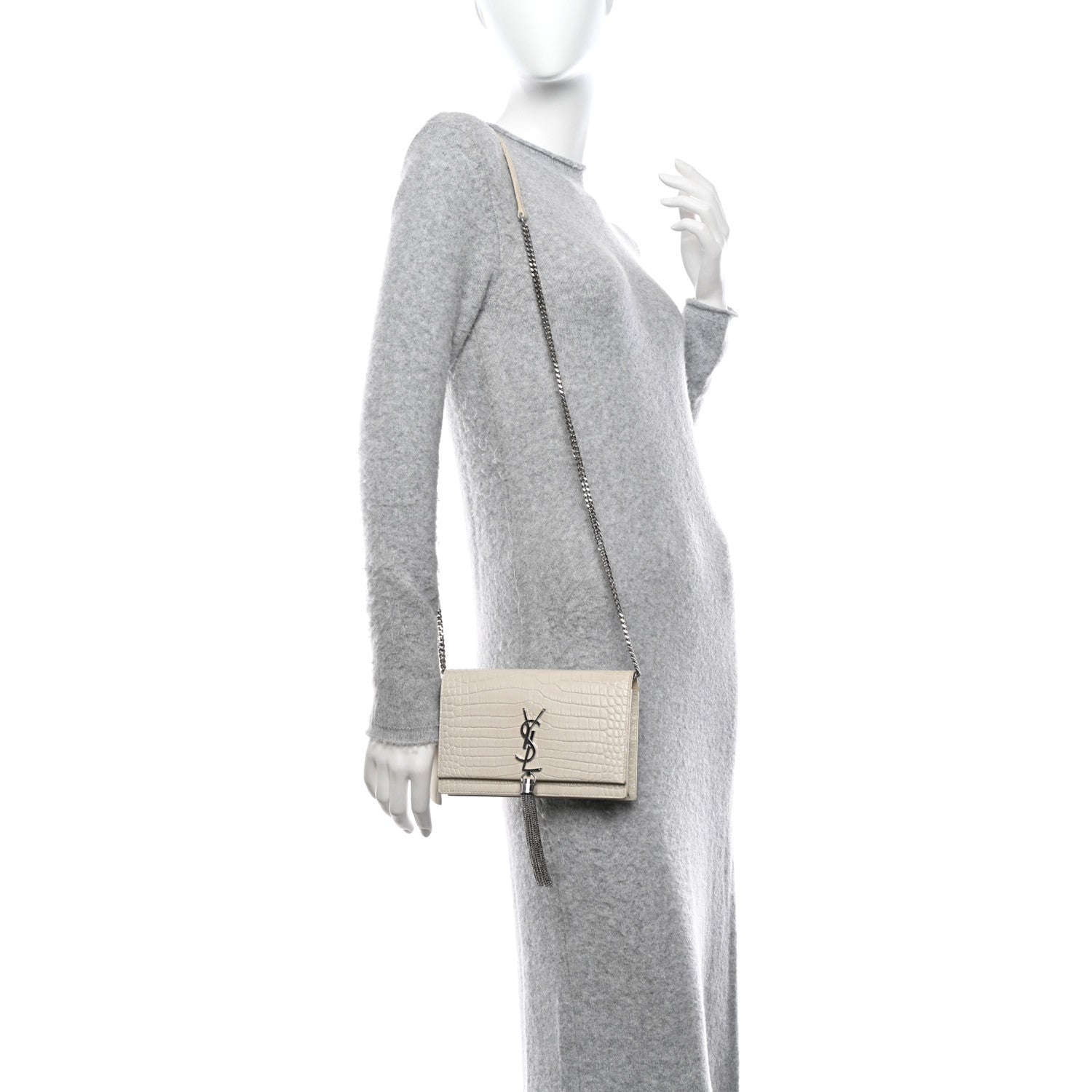 Saint Laurent Calfskin Crocodile Embossed Kate Monogram Tassel Chain Wallet Crema Soft 2 of 14