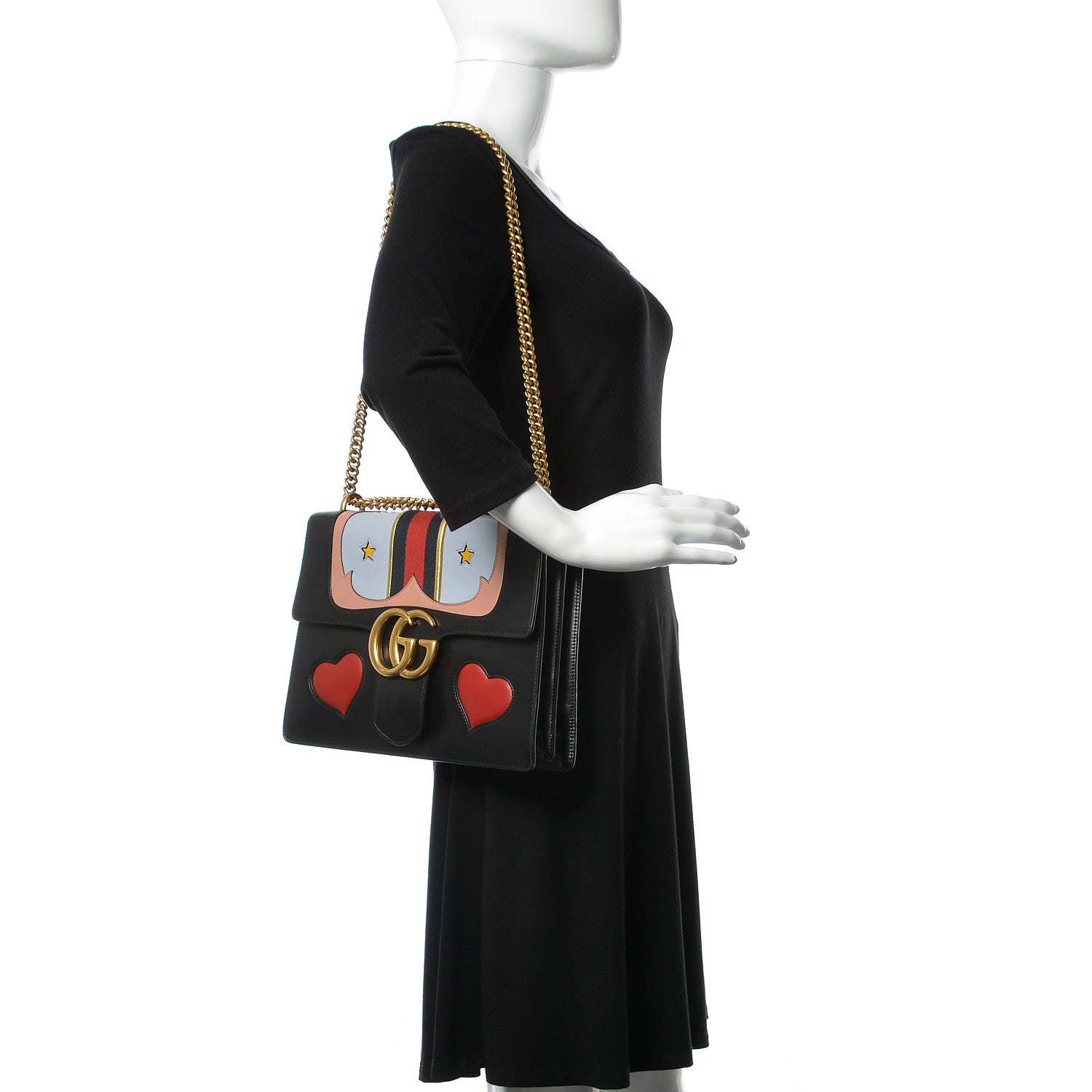 Gucci Calfskin Web Heart Medium GG Marmont Chain Handle Bag Black 3 of 11
