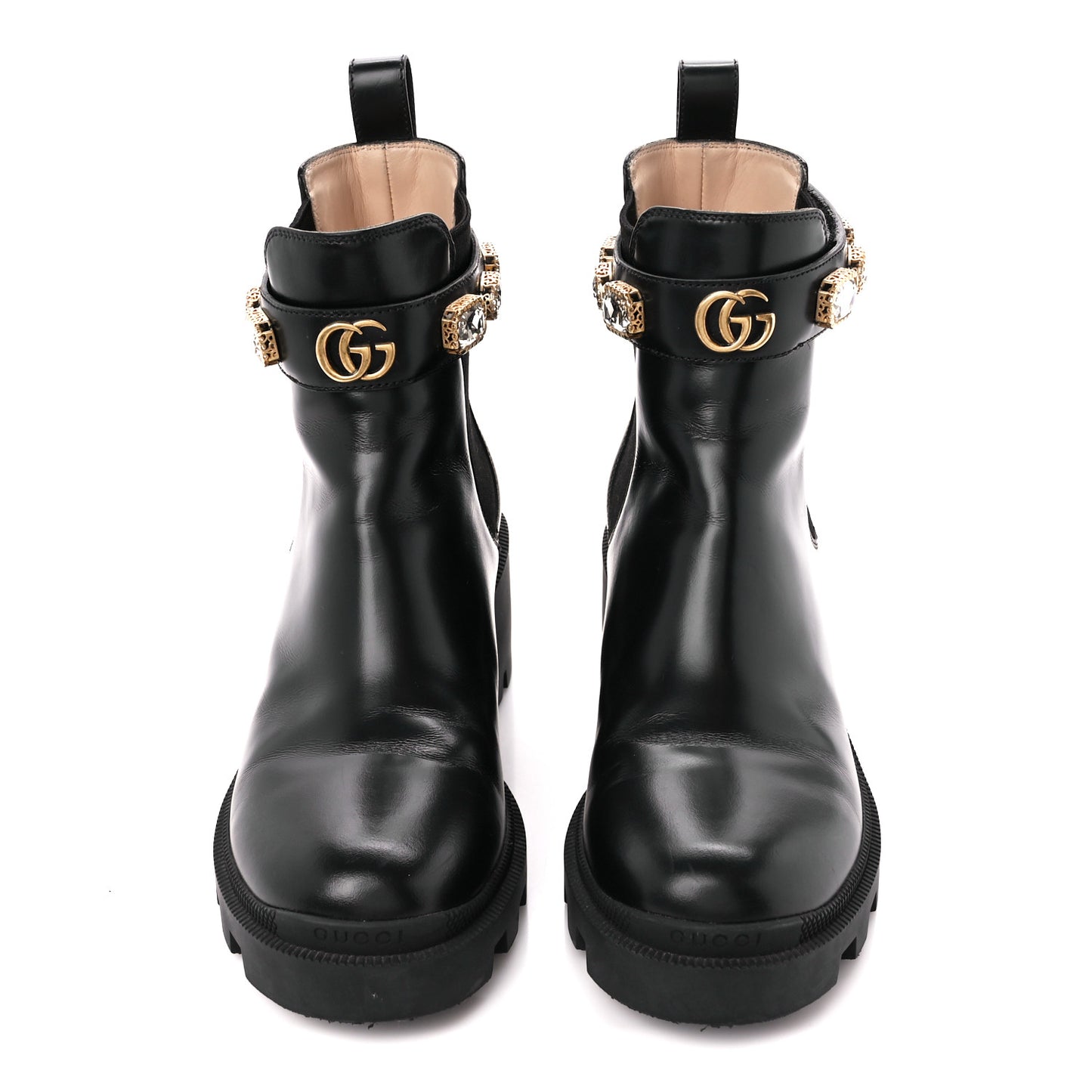 Calfskin Crystal GG Trip Chelsea Ankle Boots 38 Black