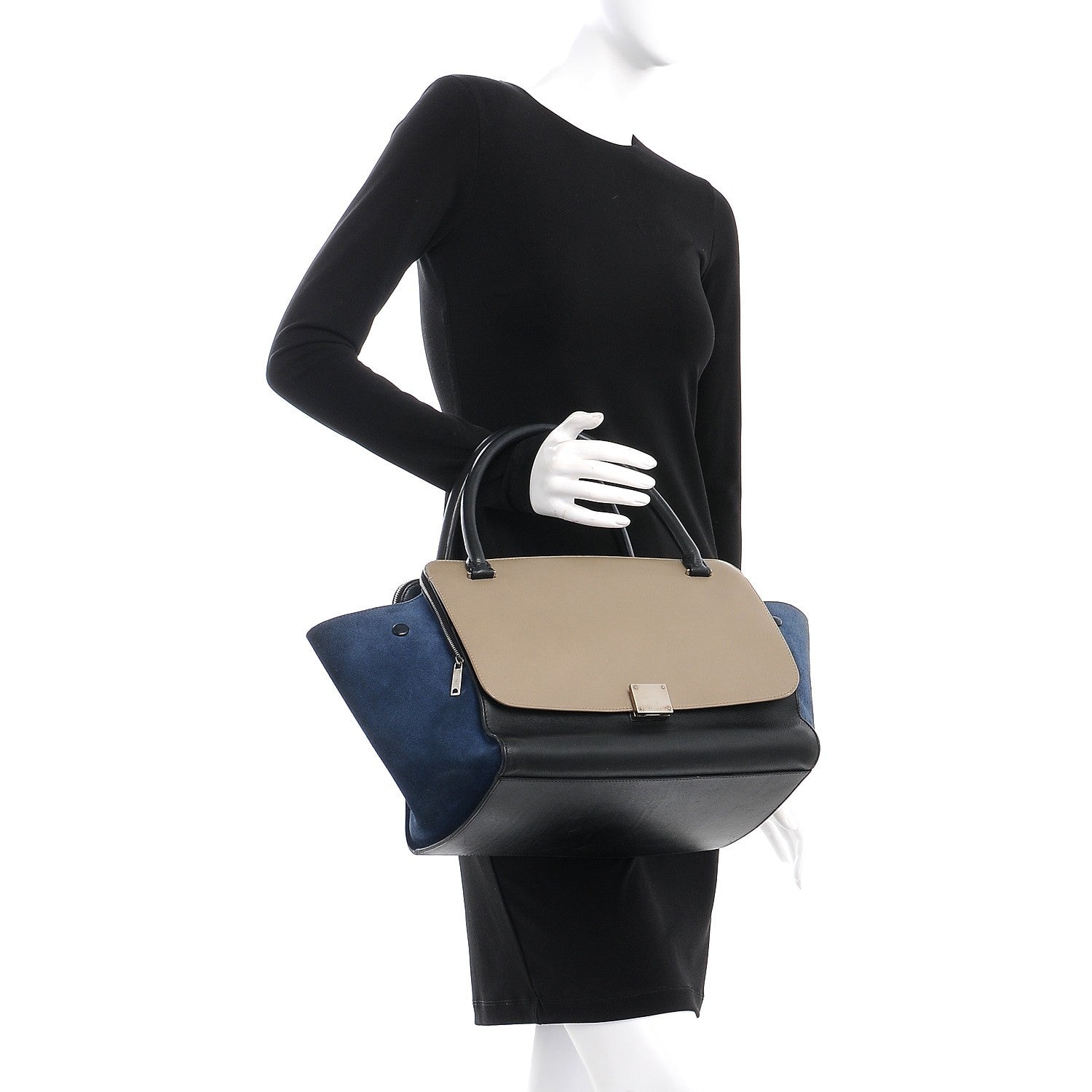 Celine Smooth Calfskin Suede Tri-Color Double Zip Trapeze Sand 2 of 7