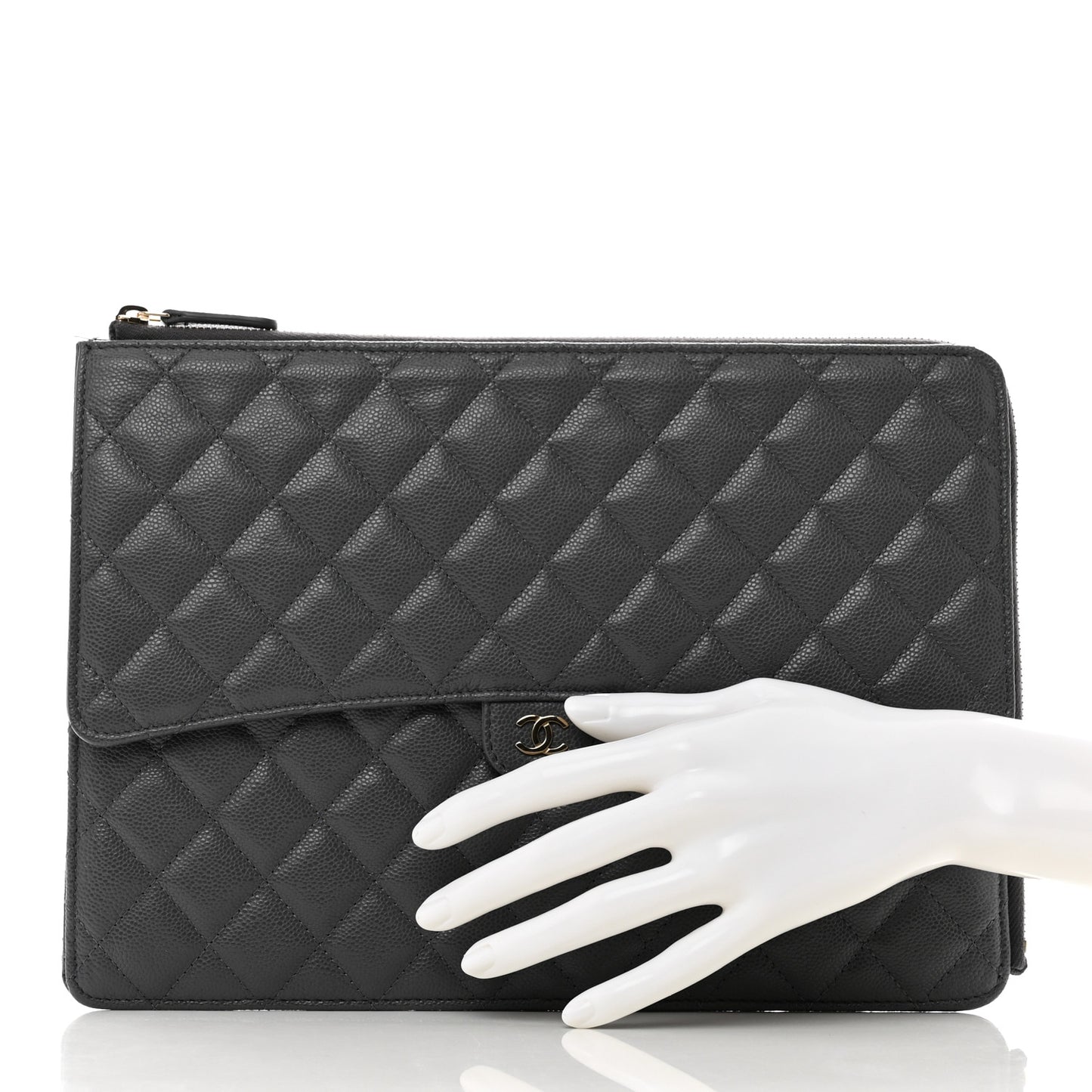 Caviar Quilted Large Flap Zip Clutch Grey