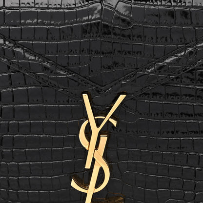 Saint Laurent Calfskin Crocodile Embossed Mini Classic Monogram Cassandra Top Handle Black 8 of 12