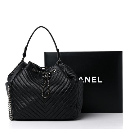 Chanel Deerskin Chevron Large CC Chain Bucket Drawstring Bag Black 11 of 11