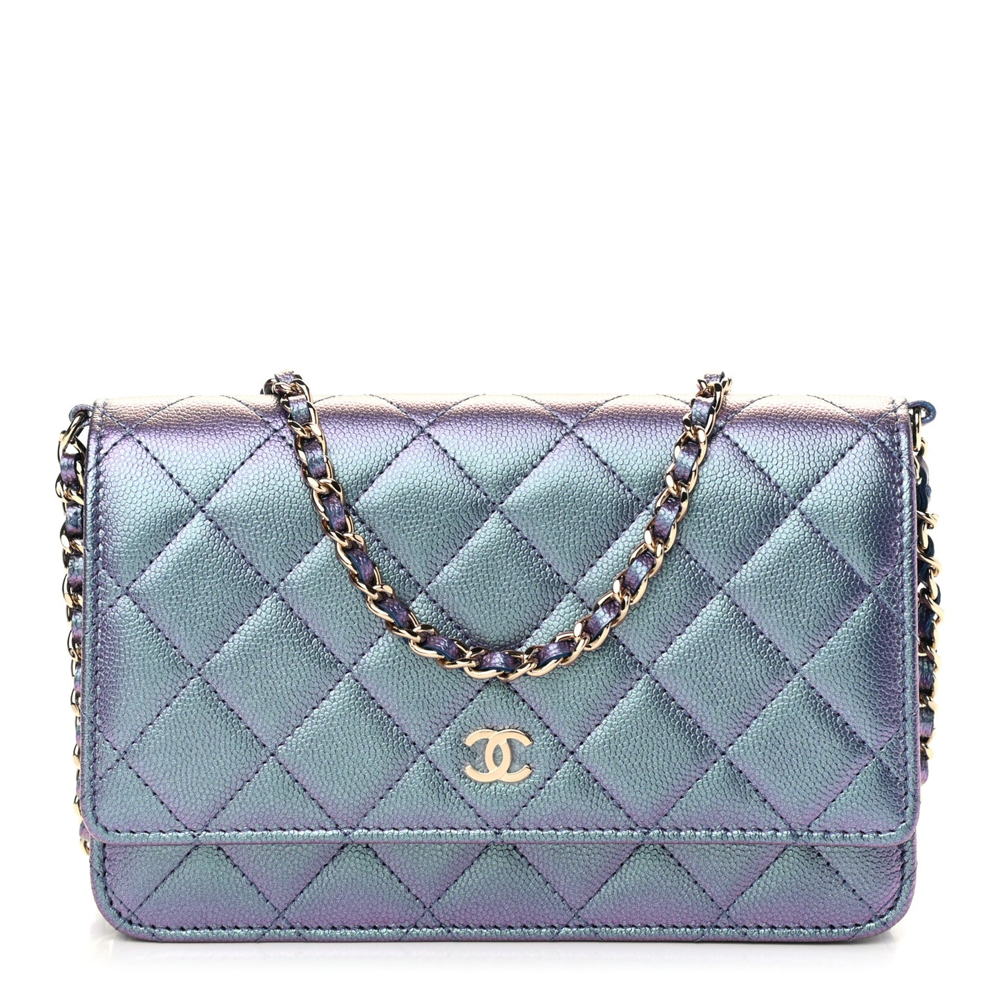 Iridescent Caviar Quilted Wallet On Chain WOC Dark Blue