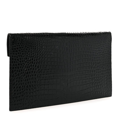 Saint Laurent Calfskin Crocodile Embossed Uptown Monogram Clutch Black 3 of 8