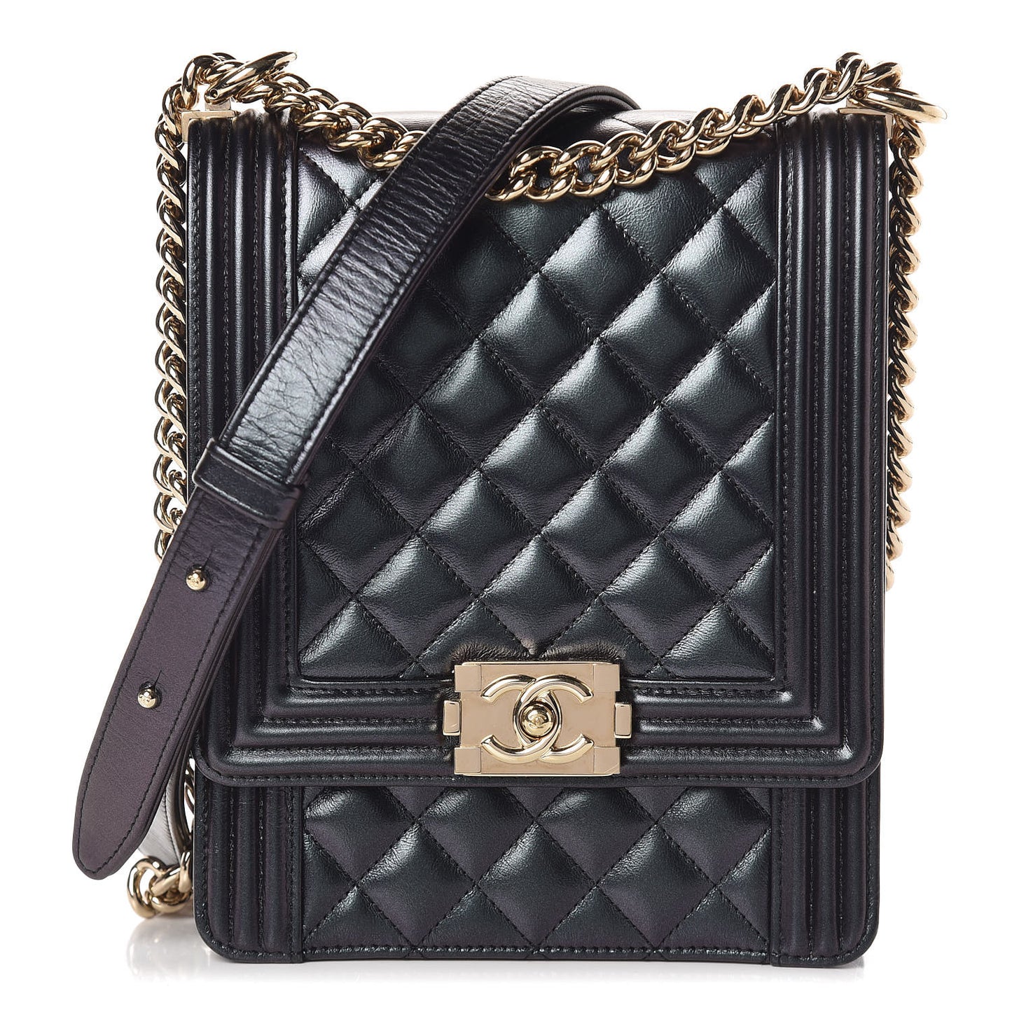 Iridescent Calfskin Quilted North South Boy Flap Black