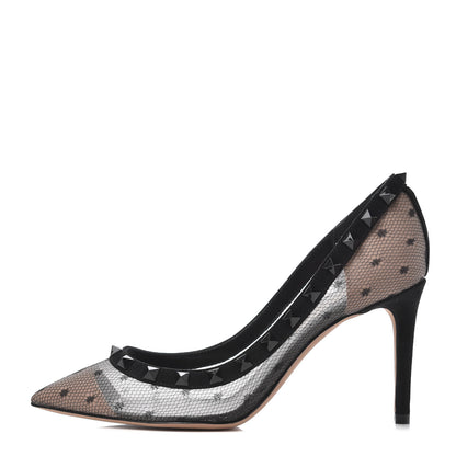 Valentino Garavani Mesh Point d'Esprit Calfskin Rockstud 85mm Pumps 35 Black 1 of 11