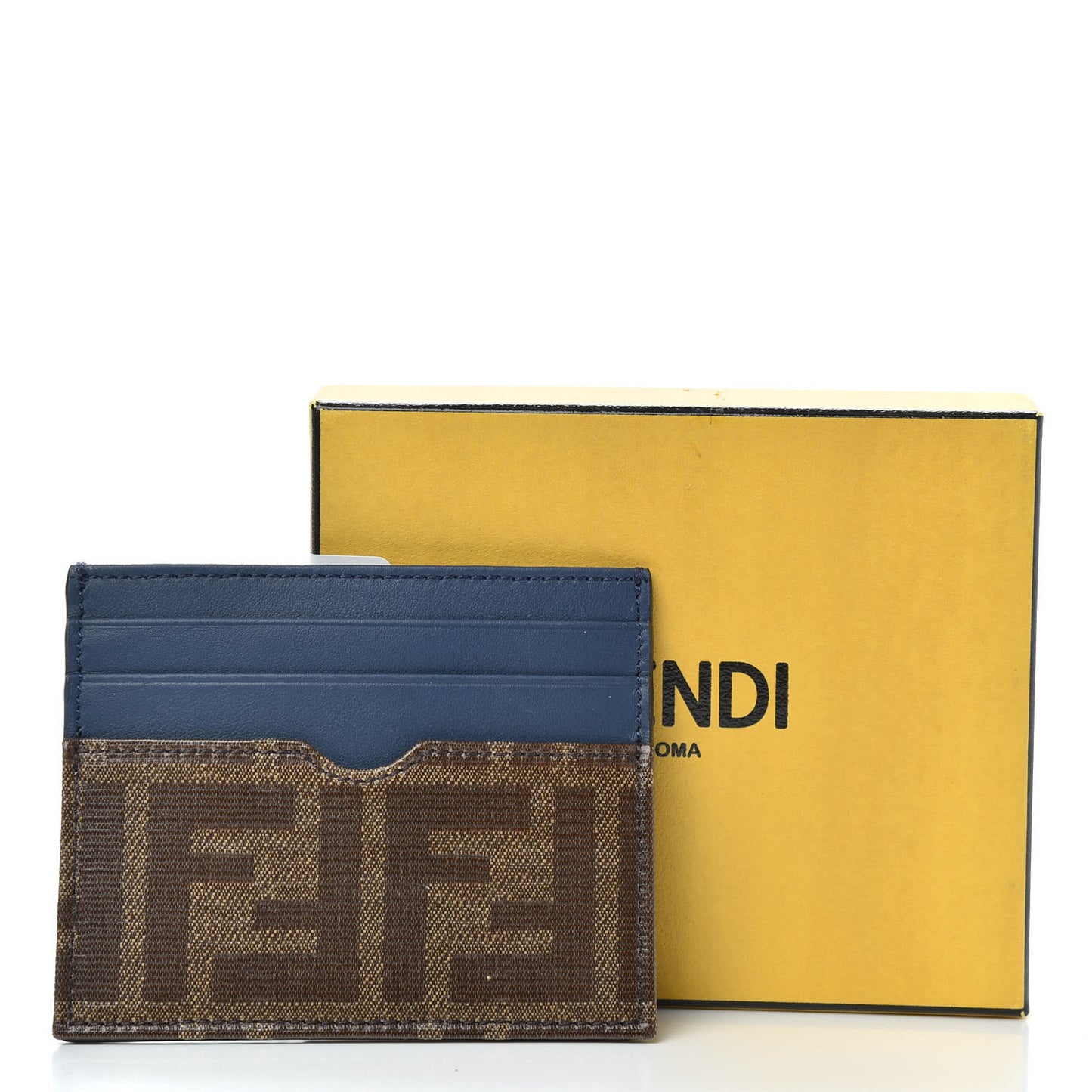 Vitello Century Glazed Fabric FF 1974 Card Holder Blu Scuro Mogano Panna