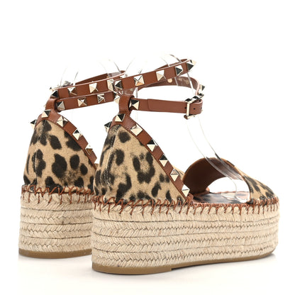Valentino Garavani Canvas Leopard Print Rockstud Ankle Wrap Espadrille Flatform Sandals 37 Brown 4 of 8